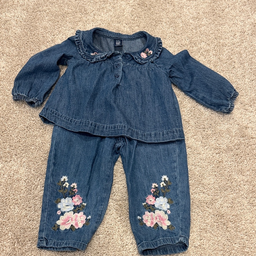 GAP Toddler Two-Piece Denim Set with Floral Embroidery